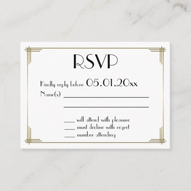 Tiny Great Gatsby White Art Deco Wedding RSVP Begleitkarte (Vorderseite)