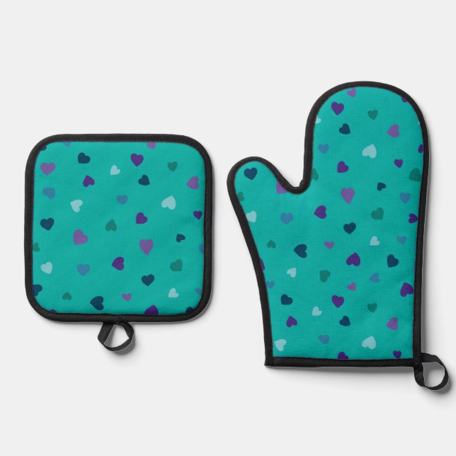 Tiny Hearts, Purple, Teal, Blue on Turquoise Ofenhandschuh & Topflappen-Set (Vorderseite)