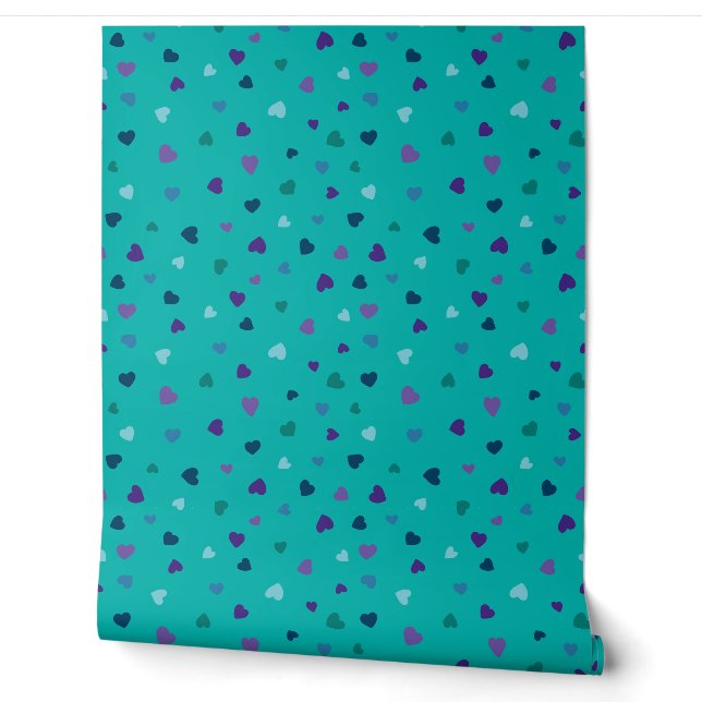 Tiny Hearts, Purple, Teal, Blue on Turquoise Tapete (Abrollen)