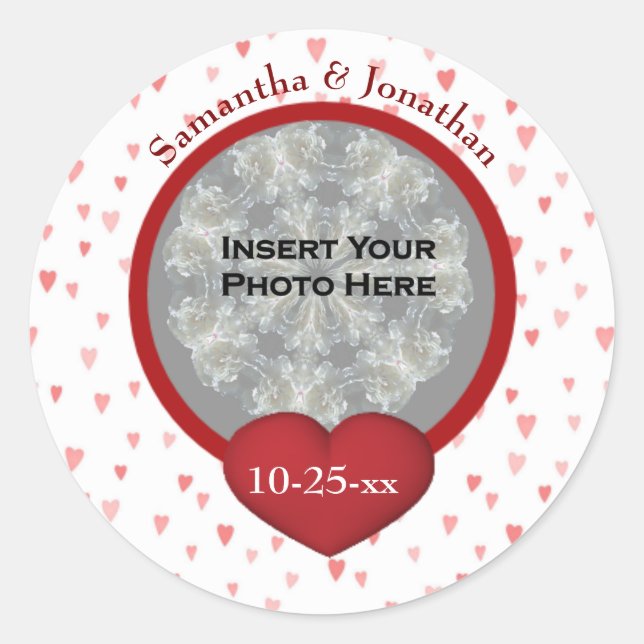 Tiny Hearts Wedding Foto Personalisiert Runder Aufkleber (Vorderseite)