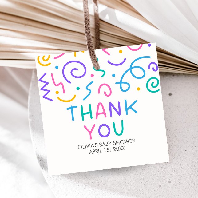 Tiny Human Shindig Baby Shower Square Geschenkanhänger (Retro Tiny Human Shindig Baby Shower Favor Tags)