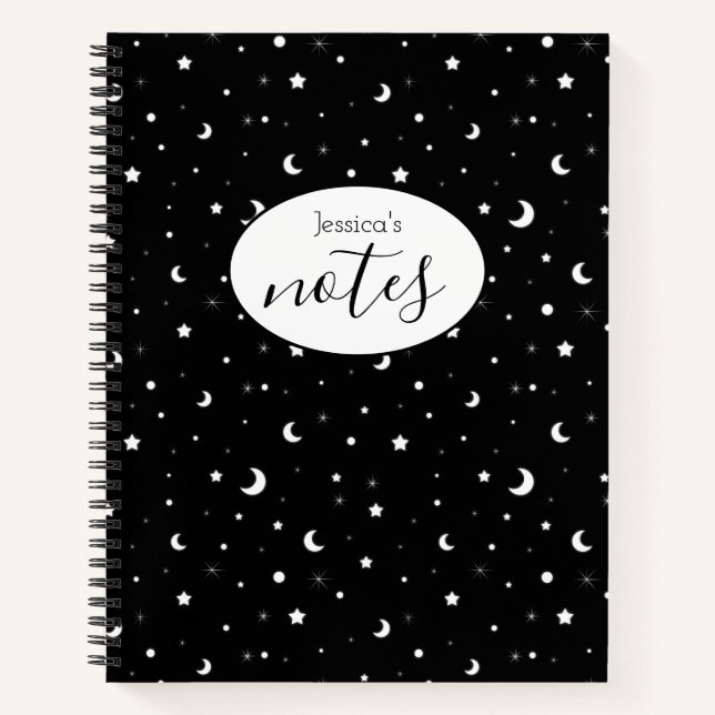 Tiny Moons and Stars Individuelle Name Black Notizbuch (Vorderseite)