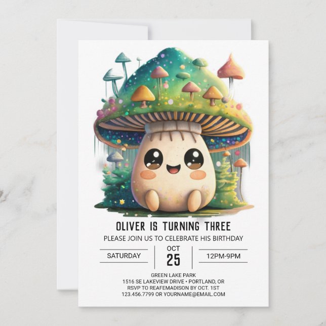 Tiny Mushroom Grove Geburtstag Einladung (Vorderseite)