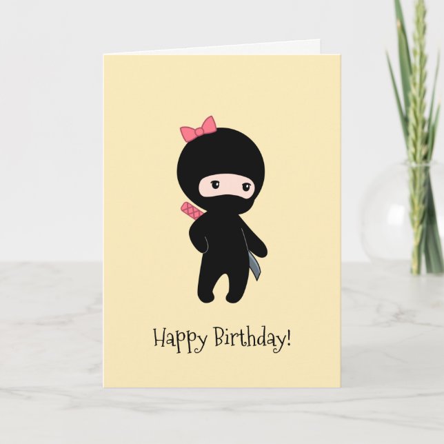 Tiny Ninja Girl on Yellow Birthday Karte (Vorderseite)