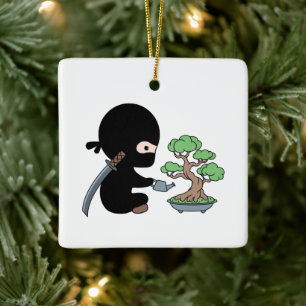Tiny Ninja Watering Bonsai Tree Keramikornament