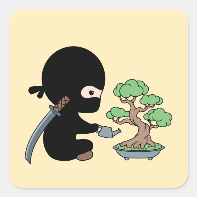 Tiny Ninja Watering Bonsai Tree on Yellow Quadratischer Aufkleber (Vorderseite)