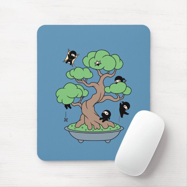 Tiny Ninjas in Bonsai Tree on Blue Mousepad (Mit Mouse)