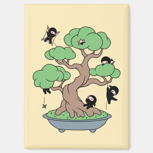 Tiny Ninjas in Bonsai Tree on Yellow Magnet