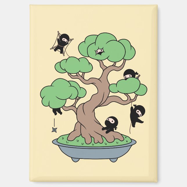 Tiny Ninjas in Bonsai Tree on Yellow Magnet (Vorderseite)