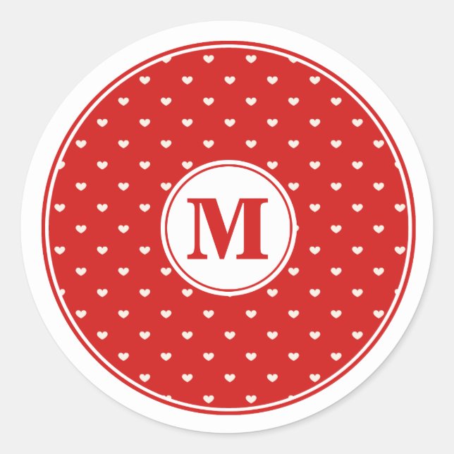 Tiny White Hearts on Red Mit Monogramm Runder Aufkleber (Vorderseite)