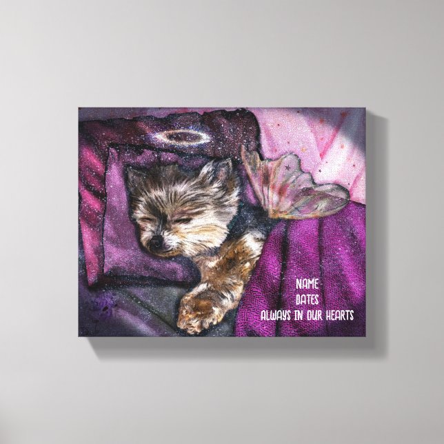 Tiny Yorkie Sleeping Angel Halo Memorial Art Leinwanddruck (Vorderseite)
