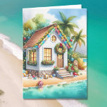 Tiny Zuhause auf der Beach Festive Weihnachten<br><div class="desc">Personalisierte Weihnachtskarte. Niedliches kleines festliches kleines,  festliches Haus am Strand mit hübschen Weihnachtsdekorationen wie Kränze,  Garland und Weihnachtsbeleuchtung auf Palmen. Auf der Innenseite der Karte können Sie Ihre eigene Urlaubsmeldung hinzufügen.</div>