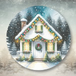 Tiny Zuhause Christmas Runder Aufkleber<br><div class="desc">Weihnachtsticker. Niedliche kleine weiße festliche winzige Zuhause im Winterwald.</div>