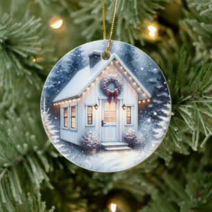 Tiny Zuhause in einem zauberhaften Winterwald Weih Keramik Ornament
