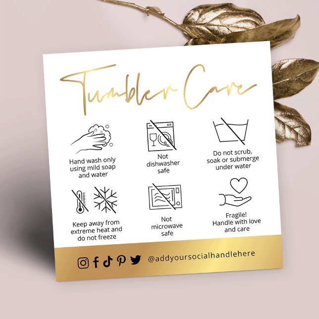 Tipps für den Tumbler Cup und das Logo für White & Quadratische Visitenkarte (White and gold tumbler and cups care cards with icons and your logo)