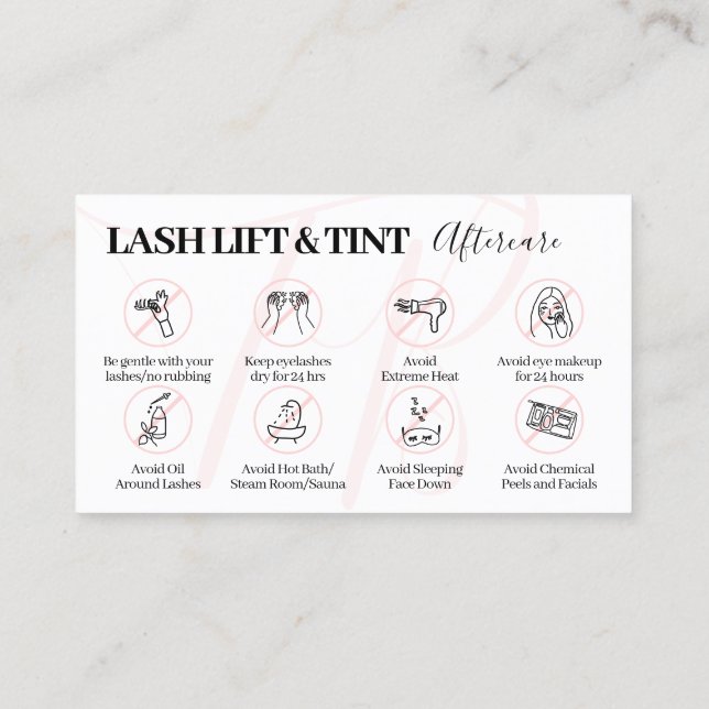 Tipps zur Anleitung für die Nachsorge: Pink Lash L Visitenkarte (Rückseite)