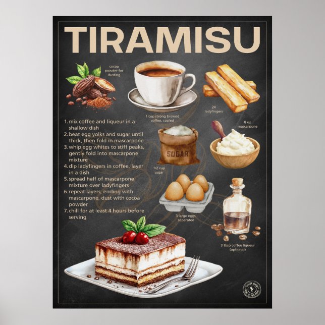 Tiramisu Rezept Chalkboard Italienisches Dessert A Poster (Vorne)