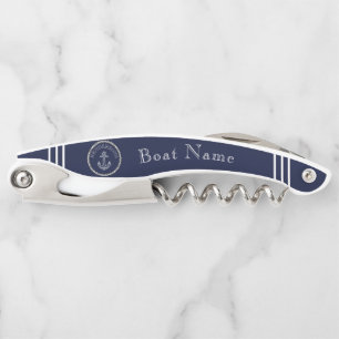 Tire-bouchon Ancre bleue marine Monogramme côtier 
