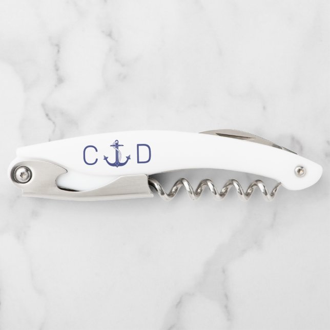 Tire-bouchon Ancre bleue marine Monogramme initial (Devant)