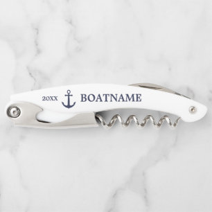 Tire-bouchon Ancre marine moderne bleu blanc Nom personnalisé