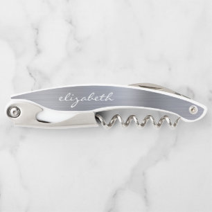 Tire-bouchon Argent Faux en métal brossé Script personnalisé