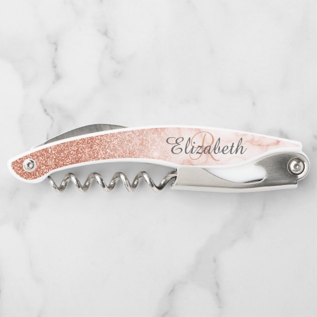 Tire-bouchon Belle Marbre Doré Rose Monogramme Paillettes (Dos)