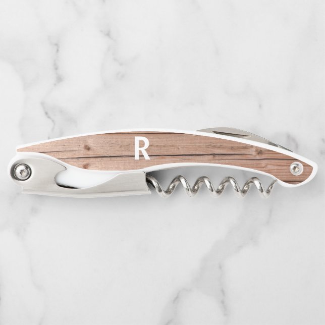 Tire-bouchon Bouteille de Monogramme Rustique moderne en bois (Devant)