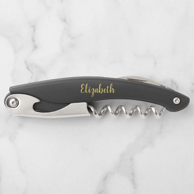 Tire-bouchon Elégant Black Custom Typography Gold Nom du texte (Devant)