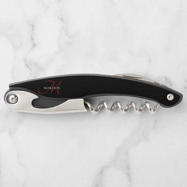 Tire-bouchon Élégant Monogramme moderne noir rouge (Devant)