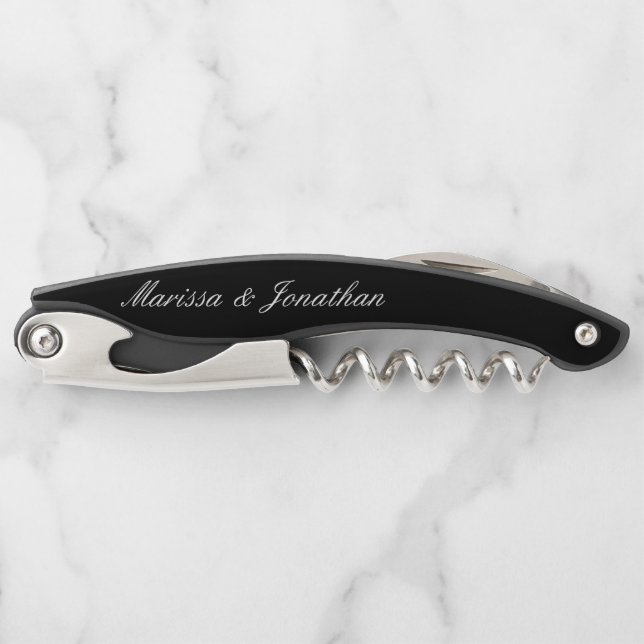 Tire-bouchon Élégante calligraphie de script blanc Mariage noir (Devant)