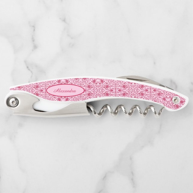 Tire-bouchon Elégante Fleur rose et rouge Damas (Devant)