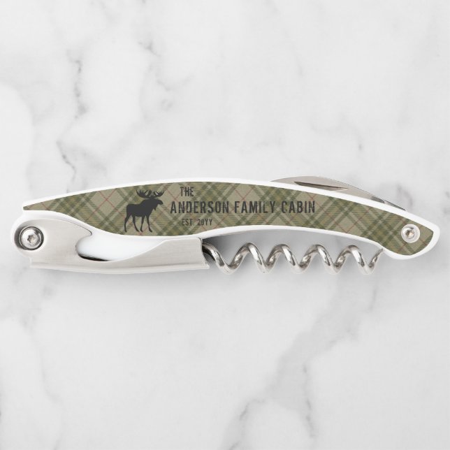 Tire-bouchon Famille Cabine Moose Pine Trees Sage Green Plaid (Devant)