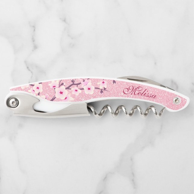 Tire-bouchon Fleurs de cerisier rose Parties scintillant Monogr (Devant)