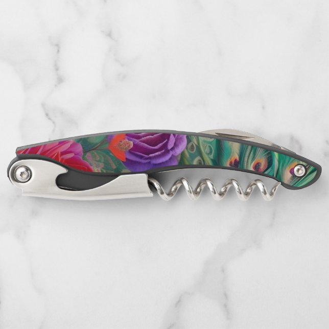 Tire-bouchon Imaginaire Roses Abstraits et plumes de paon (Devant)