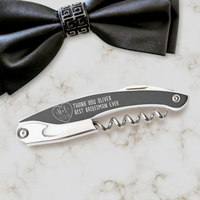 Tire-bouchon Mariage de Merci noir et blanc personnalisé (Do you know the Best Bridesman ever? This is a wedding favor just for him -works for bridesmaids too)
