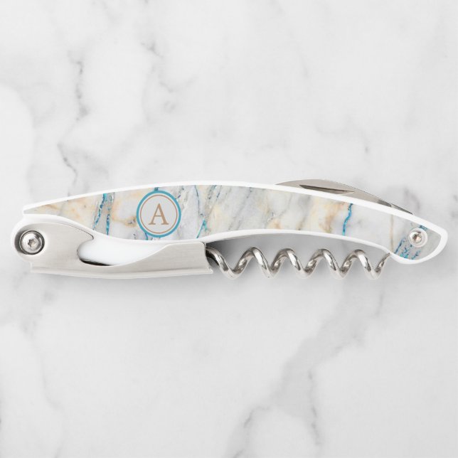 Tire-bouchon Monogramme bleu de marbre en pierre blanc de (Devant)