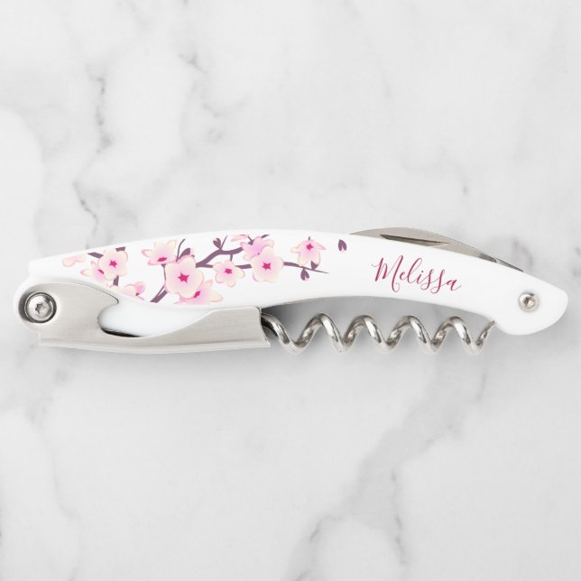 Tire-bouchon Monogramme de fleurs de cerisier rose blanc (Devant)