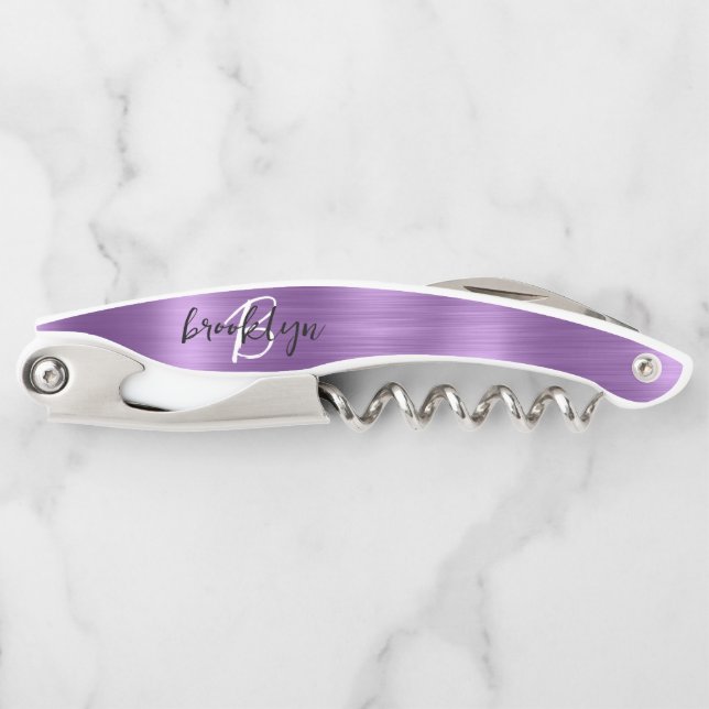 Tire-bouchon Monogramme en métal brossé violet Faux (Devant)