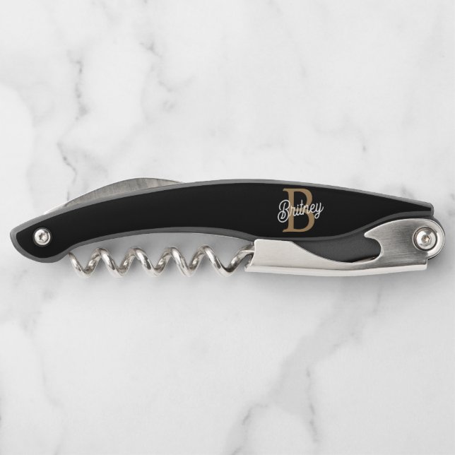 Tire-bouchon Monogramme moderne élégant Nom Black Gold Script (Dos)