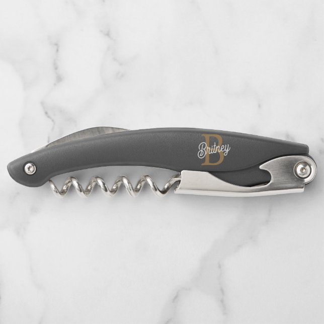 Tire-bouchon Monogramme moderne élégant Nom Black Gold Script (Dos)