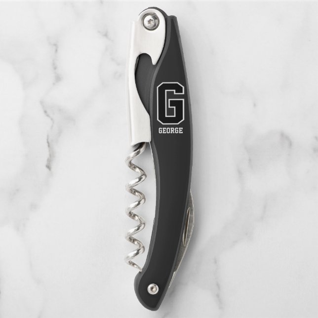 Tire-bouchon Monogramme personnalisé noir blanc pour lui (Devant)