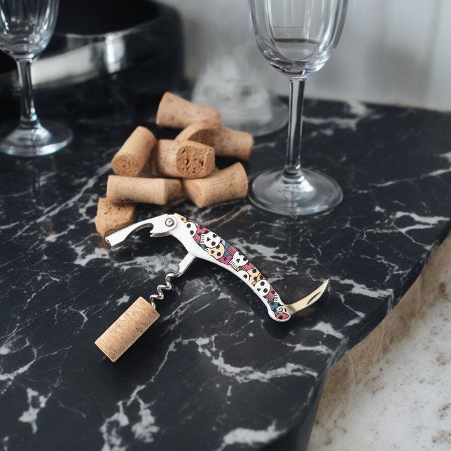Tire-bouchon Motif de crânes multicolores (Corkscrew Bottle Opener)