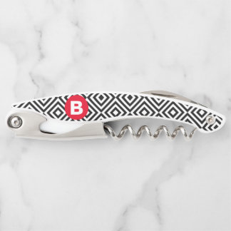 Tire-bouchon Motif géométrique noir et blanc Monogramme rouge