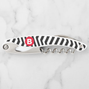 Tire-bouchon Motif Zig Zag Noir et Blanc Monogramme Rouge