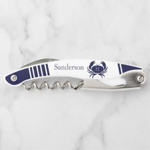 Tire-bouchon Navire Monogrammé Crabe Bleu Blanc Nautique