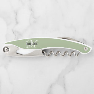 Tire-bouchon Nom de monogramme vert de sauge moderne
