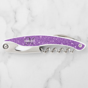 Tire-bouchon Nom monogramme de parties scintillant violet moder