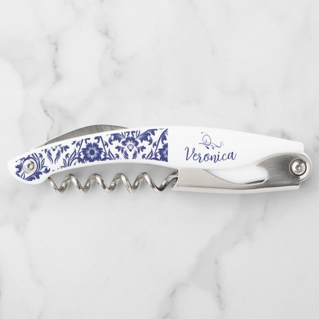 Tire-bouchon Ouvrage floral bleu personnalisé (Dos)