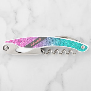 Tire-bouchon Parties scintillant rose et turquoise ombre monogr