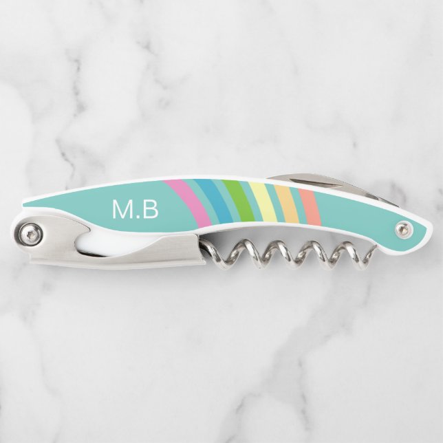 Tire-bouchon Rayures arc-en-ciel rétro Turquoise Monogramme (Devant)
